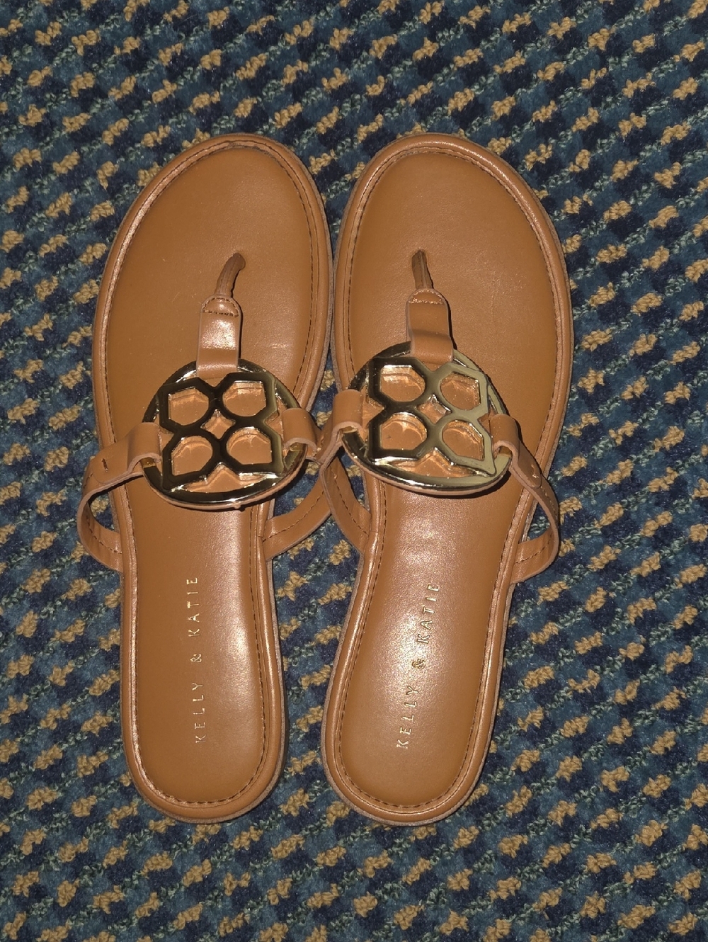 Kelly & Katie Brown T-Strap Sandals with Gold Medallion